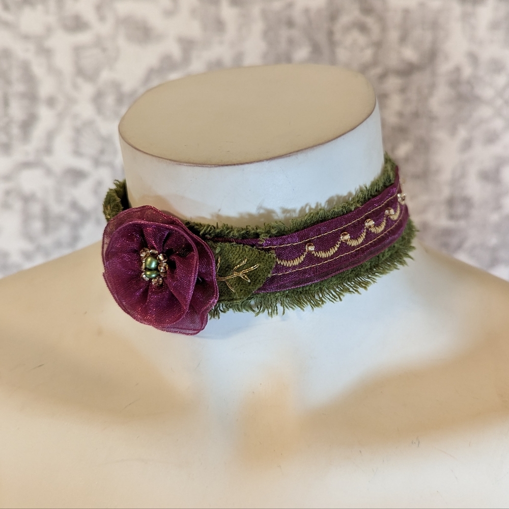 Handmade Jewel Tone Rosette Plum and Olive Green Chiffon & Velvet Floral Choker